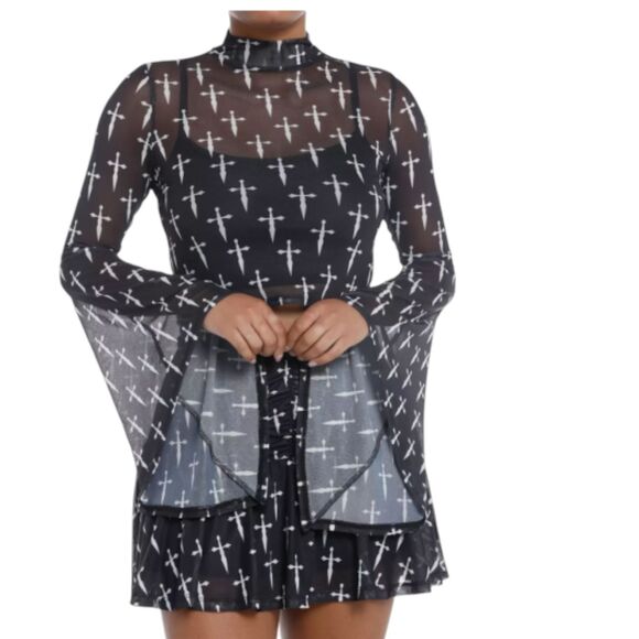 Hot Topic Social Collision Daggers Mesh Flare Sleeve Sheer Blouse 5 (5X) NEW - Picture 6 of 8